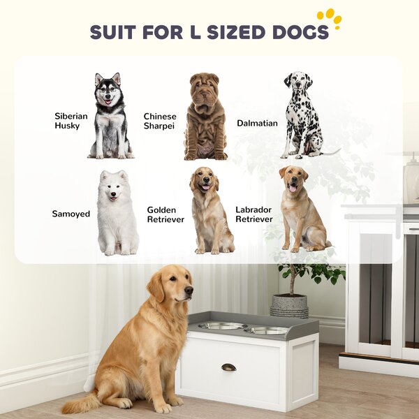 PawHut Stainless Steel Raised Dog Bowls with 21L Storage Drawer for Large Dogs and Cats - White Aosom UK