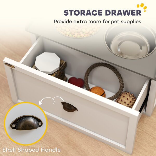 PawHut Stainless Steel Raised Dog Bowls with 21L Storage Drawer for Large Dogs and Cats - White Aosom UK