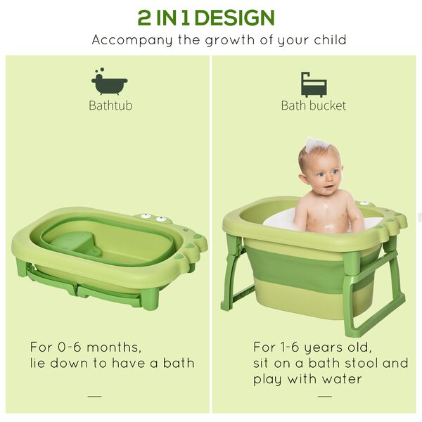 HOMCOM Baby Bath Tub for Newborns to Toddlers, Collapsible Non-Slip Portable Bath with Stool Seat for Infants, Crocodile Shape, Green Aosom UK