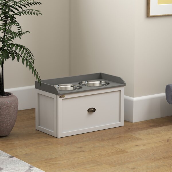 PawHut Stainless Steel Raised Dog Bowls with 21L Storage Drawer for Large Dogs and Cats - White Aosom UK