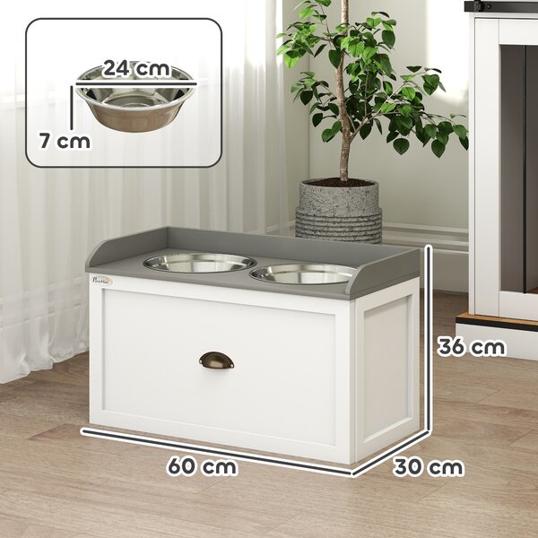 PawHut Stainless Steel Raised Dog Bowls with 21L Storage Drawer for Large Dogs and Cats - White Aosom UK