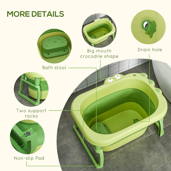 HOMCOM Baby Bath Tub for Newborns to Toddlers, Collapsible Non-Slip Portable Bath with Stool Seat for Infants, Crocodile Shape, Green Aosom UK