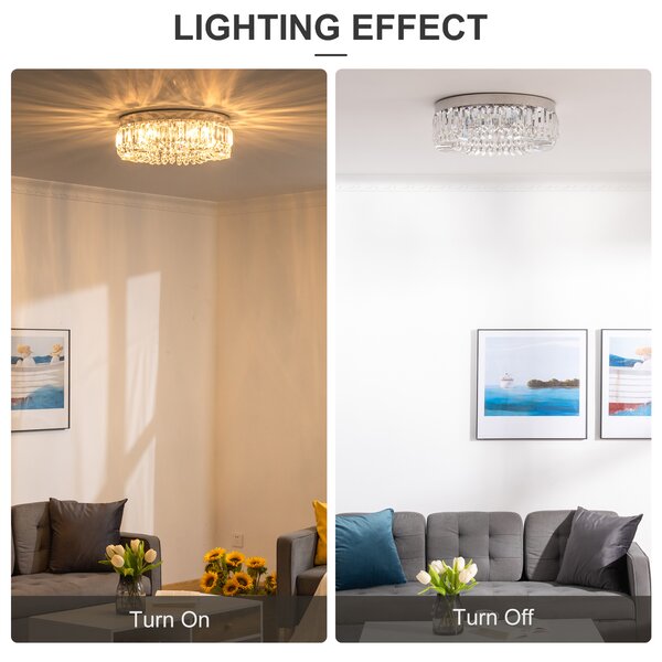 HOMCOM Modern Crystal Ceiling Lamp, Chandelier Ceiling Light for Living Room, Bedroom, Dining Room, Hall, Silver Aosom UK