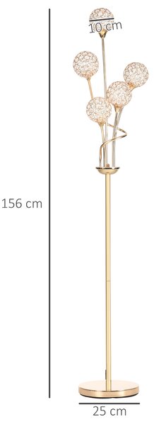 HOMCOM Crystal Floor Lamps for Living Room Bedroom with 5 Light, Modern Upright Standing Lamp, 34x25x156cm, Gold Tone