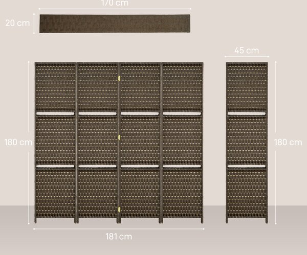 HOMCOM 4-Panel Room Dividers with Shelves, Wave Fibre Freestanding Folding Privacy Screen Panels, Partition Wall Divider Brown Aosom UK