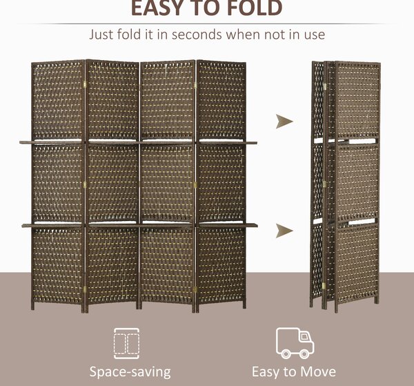 HOMCOM 4-Panel Room Dividers with Shelves, Wave Fibre Freestanding Folding Privacy Screen Panels, Partition Wall Divider Brown Aosom UK