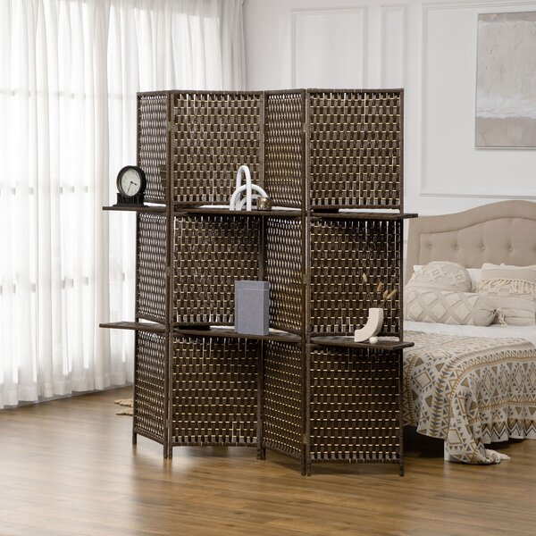 HOMCOM 4-Panel Room Dividers with Shelves, Wave Fibre Freestanding Folding Privacy Screen Panels, Partition Wall Divider Brown Aosom UK