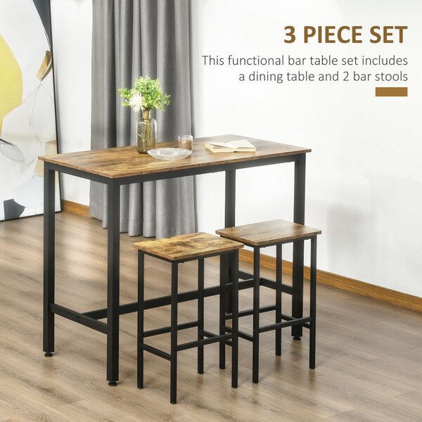 HOMCOM Industrial Bar Table and Stools w/ 2 Stools, 3-Piece Counter Height Dining Table & Chairs for Kitchen, Living Room, Brown Aosom UK