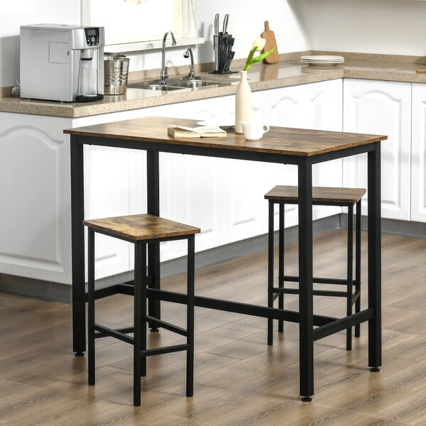 HOMCOM Industrial Bar Table and Stools w/ 2 Stools, 3-Piece Counter Height Dining Table & Chairs for Kitchen, Living Room, Brown Aosom UK