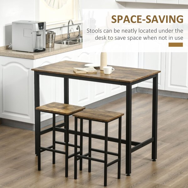 HOMCOM Industrial Bar Table and Stools w/ 2 Stools, 3-Piece Counter Height Dining Table & Chairs for Kitchen, Living Room, Brown Aosom UK