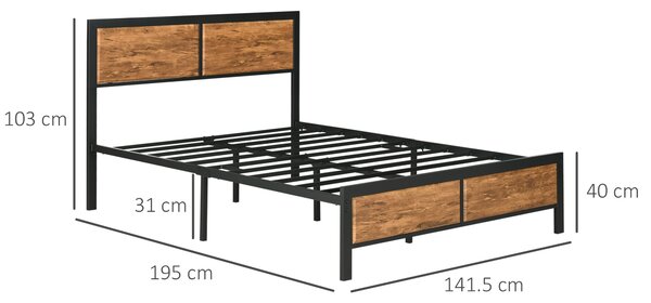 HOMCOM Industrial Double Bed Frame, 5FT Steel Bed Base w/ Headboard, Footboard, Slatted Support & Under Bed Storage, 147 x 197cm, Brown Aosom UK