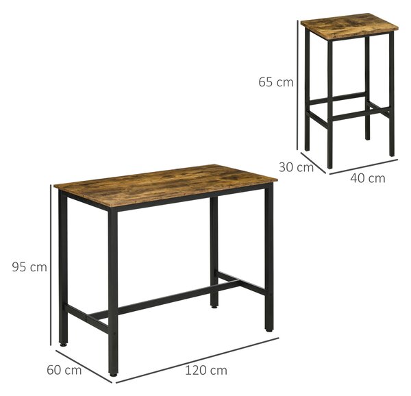 HOMCOM Industrial Bar Table and Stools w/ 2 Stools, 3-Piece Counter Height Dining Table & Chairs for Kitchen, Living Room, Brown Aosom UK