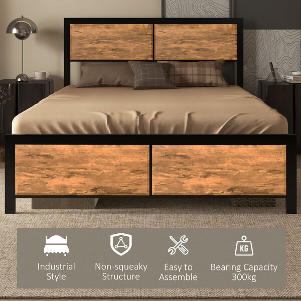 HOMCOM Industrial Double Bed Frame, 5FT Steel Bed Base w/ Headboard, Footboard, Slatted Support & Under Bed Storage, 147 x 197cm, Brown Aosom UK