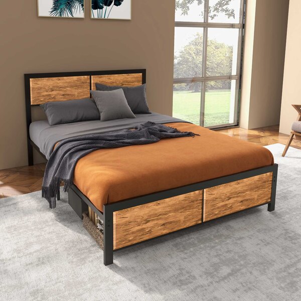 HOMCOM Industrial Double Bed Frame, 5FT Steel Bed Base w/ Headboard, Footboard, Slatted Support & Under Bed Storage, 147 x 197cm, Brown Aosom UK