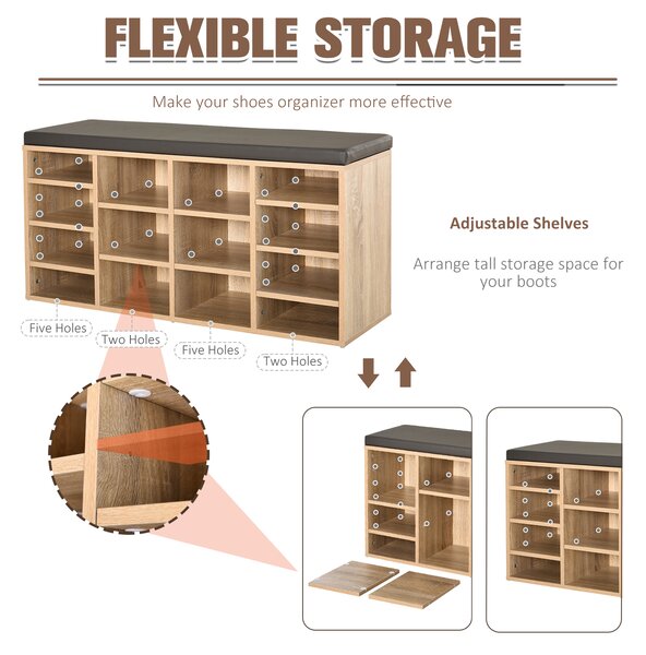 HOMCOM Multi-Storage Shoe Rack w/ 14 Compartments Cushion Moving Shelves Solid Frame Foot Pads Home Office Tidy Organisation Boots Trainers Brown