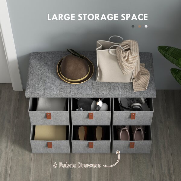 HOMCOM Shoe Bench with Seat, Shoe Storage Bench with Cushion and 6 Fabric Drawers for Entryway, Hallway, Living Room, Bedroom, Light Grey Aosom UK