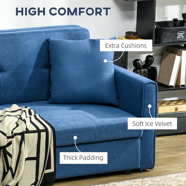 HOMCOM 2 Seater Sofa Bed, Convertible Bed Settee, Modern Fabric Loveseat Sofa Couch w/ Cushions, Hidden Storage for Guest Room, Dark Blue