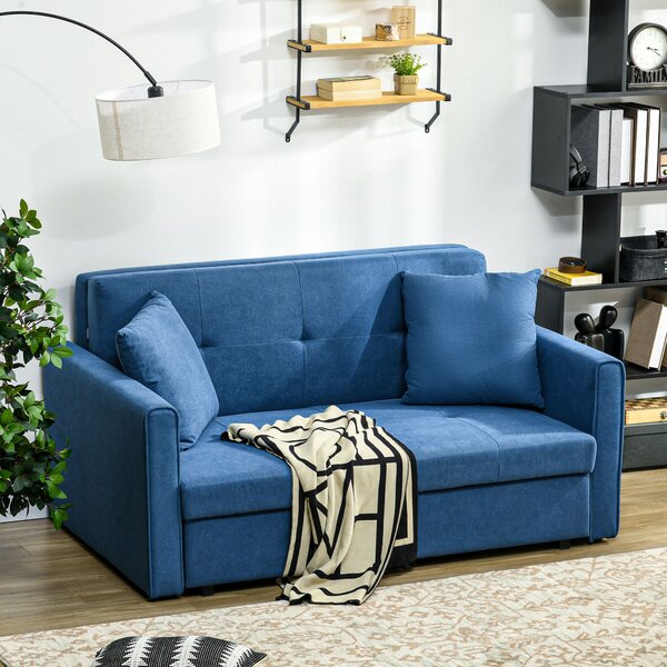 HOMCOM 2 Seater Sofa Bed, Convertible Bed Settee, Modern Fabric Loveseat Sofa Couch w/ Cushions, Hidden Storage for Guest Room, Dark Blue