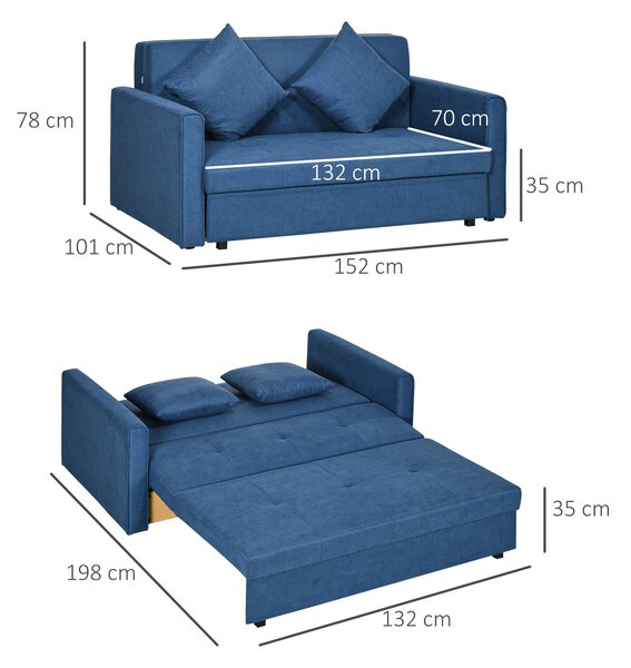 HOMCOM 2 Seater Sofa Bed, Convertible Bed Settee, Modern Fabric Loveseat Sofa Couch w/ Cushions, Hidden Storage for Guest Room, Dark Blue
