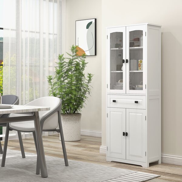 HOMCOM Kitchen Cupboard, Freestanding Storage Cabinet w/ 2 Adjustable Shelves, Drawer & Glass Door for Living Room, Dining Room, 160cm Aosom UK