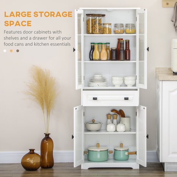 HOMCOM Kitchen Cupboard, Freestanding Storage Cabinet w/ 2 Adjustable Shelves, Drawer & Glass Door for Living Room, Dining Room, 160cm Aosom UK