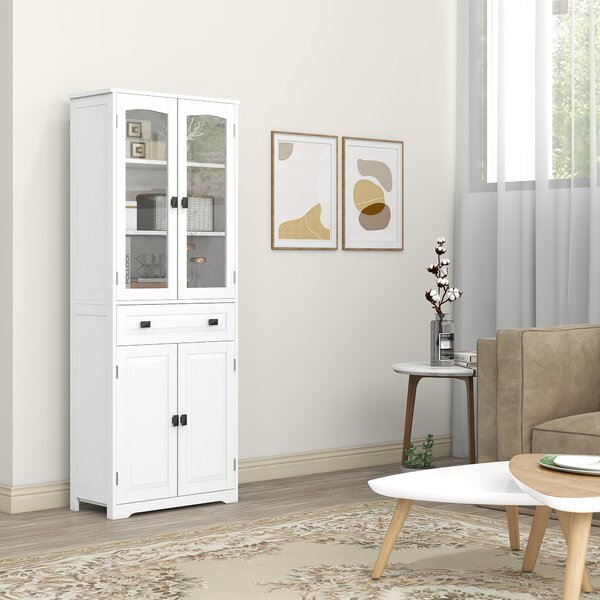 HOMCOM Kitchen Cupboard, Freestanding Storage Cabinet w/ 2 Adjustable Shelves, Drawer & Glass Door for Living Room, Dining Room, 160cm Aosom UK