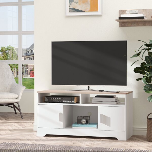 HOMCOM TV Stand for TVs up to 42 Inches w/ Cabinets, Shelves and Wide Tabletop for Living Room, Bedroom, Dining Room, White and Wood Color Aosom UK