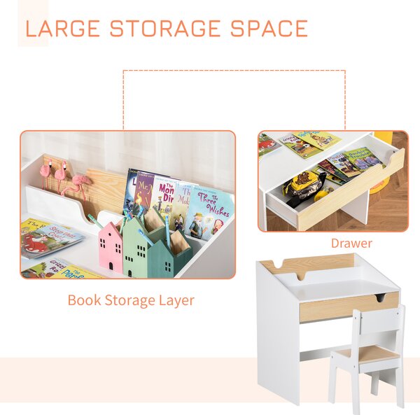 HOMCOM Kids Desk and Chair Set 2 Pieces Children Study Table with Storage Pull-Out Drawer Bookshelf for 3-6 Years Writing, Reading, Drawing