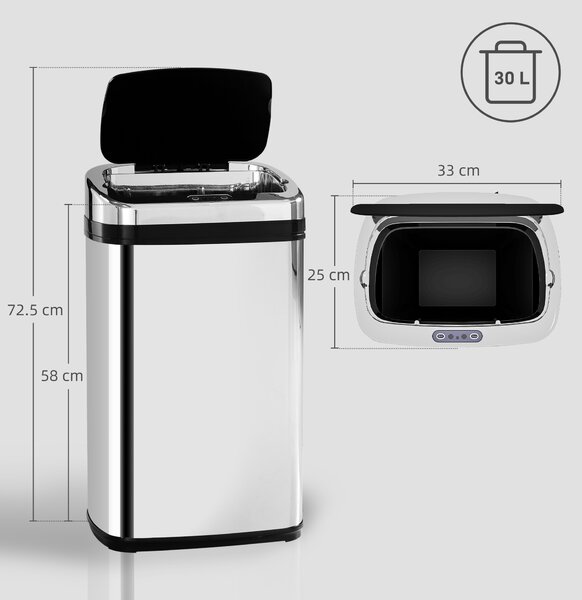 HOMCOM 30L Stainless Steel Motion Sensor Lid Bin - Silver Tone Aosom UK