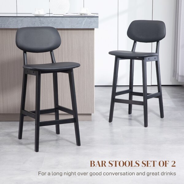 HOMCOM Bar Stools Set of 2, Modern Breakfast Bar Chairs, Faux Leather Upholstered Counter Bar Stool with Backs and Wood Legs, Black Aosom UK