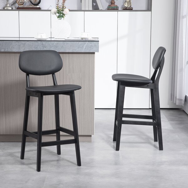 HOMCOM Bar Stools Set of 2, Modern Breakfast Bar Chairs, Faux Leather Upholstered Counter Bar Stool with Backs and Wood Legs, Black Aosom UK