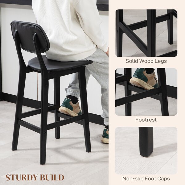 HOMCOM Bar Stools Set of 2, Modern Breakfast Bar Chairs, Faux Leather Upholstered Counter Bar Stool with Backs and Wood Legs, Black Aosom UK