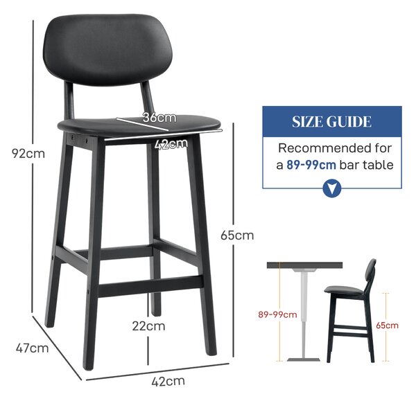 HOMCOM Bar Stools Set of 2, Modern Breakfast Bar Chairs, Faux Leather Upholstered Counter Bar Stool with Backs and Wood Legs, Black Aosom UK