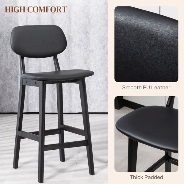 HOMCOM Bar Stools Set of 2, Modern Breakfast Bar Chairs, Faux Leather Upholstered Counter Bar Stool with Backs and Wood Legs, Black Aosom UK
