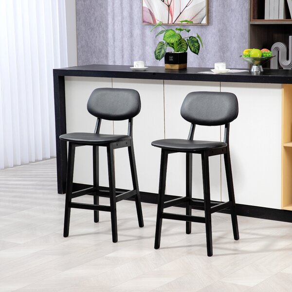 HOMCOM Bar Stools Set of 2, Modern Breakfast Bar Chairs, Faux Leather Upholstered Counter Bar Stool with Backs and Wood Legs, Black Aosom UK