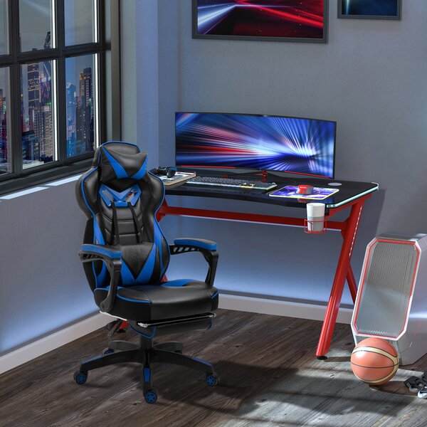 Vinsetto Ergonomic Racing Gaming Chair Office Desk Chair Adjustable Height Recliner w/ Wheels, Headrest, Lumbar, Footrest, Blue Aosom UK