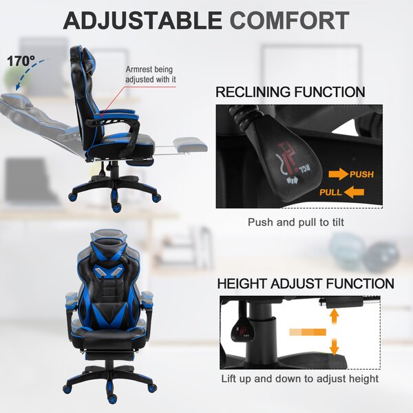 Vinsetto Ergonomic Racing Gaming Chair Office Desk Chair Adjustable Height Recliner w/ Wheels, Headrest, Lumbar, Footrest, Blue Aosom UK