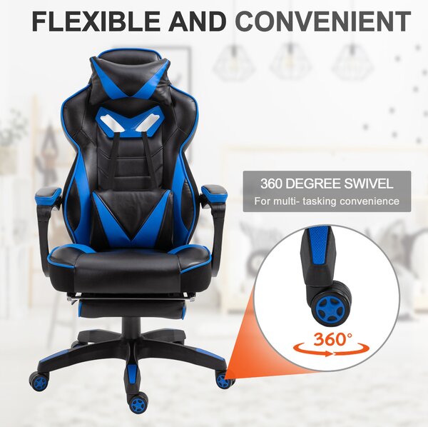 Vinsetto Ergonomic Racing Gaming Chair Office Desk Chair Adjustable Height Recliner w/ Wheels, Headrest, Lumbar, Footrest, Blue Aosom UK