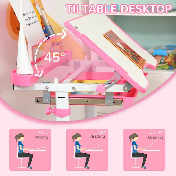 HOMCOM Kids Desk and Chair Set, Height Adjustable Study Desk with USB Lamp, Storage Drawer for Study, Pink and White