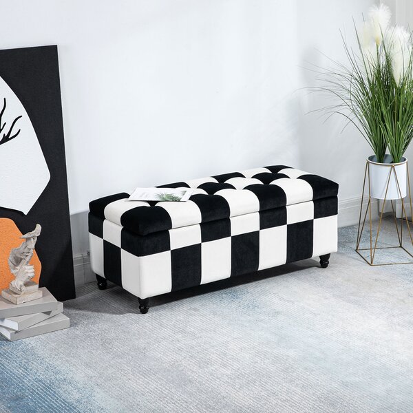 HOMCOM Ottoman Storage Box Storage Rubberwood Frame Long Ottoman Storge Velvet Storage Ottoman 114 x 47 x 47cm, White and Black Aosom UK