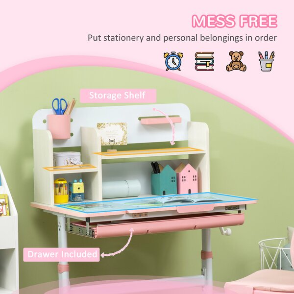 HOMCOM Kids Desk and Chair Set, Height Adjustable Kids School Desk & Chair Set w/ Shelves, Washable Cover, Anti-Slip Mat for Kids 3-12 Aosom UK