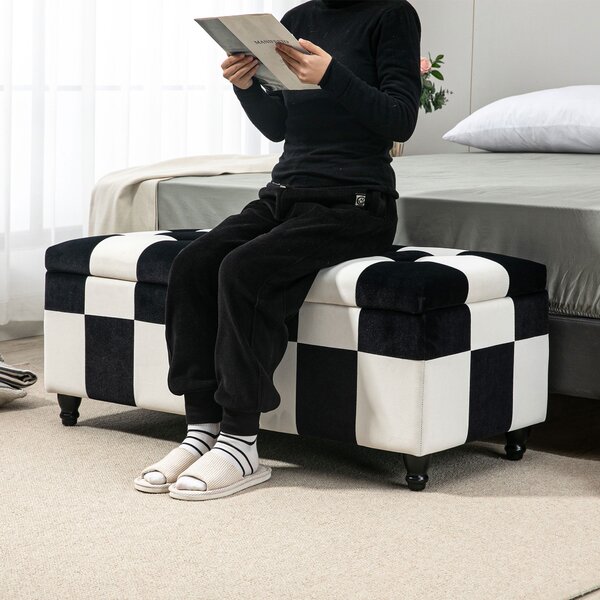 HOMCOM Ottoman Storage Box Storage Rubberwood Frame Long Ottoman Storge Velvet Storage Ottoman 114 x 47 x 47cm, White and Black Aosom UK