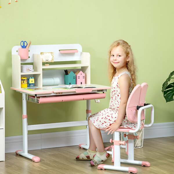 HOMCOM Kids Desk and Chair Set, Height Adjustable Kids School Desk & Chair Set w/ Shelves, Washable Cover, Anti-Slip Mat for Kids 3-12 Aosom UK