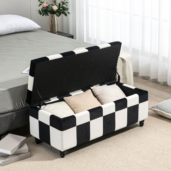 HOMCOM Ottoman Storage Box Storage Rubberwood Frame Long Ottoman Storge Velvet Storage Ottoman 114 x 47 x 47cm, White and Black Aosom UK