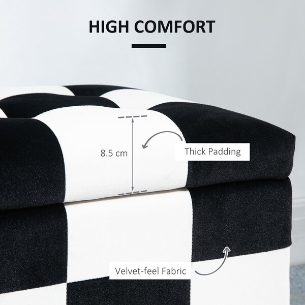 HOMCOM Ottoman Storage Box Storage Rubberwood Frame Long Ottoman Storge Velvet Storage Ottoman 114 x 47 x 47cm, White and Black Aosom UK