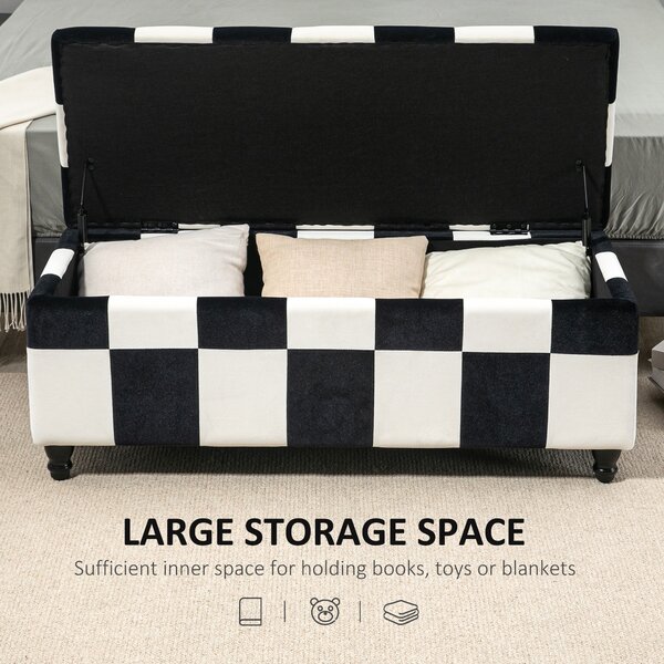 HOMCOM Ottoman Storage Box Storage Rubberwood Frame Long Ottoman Storge Velvet Storage Ottoman 114 x 47 x 47cm, White and Black Aosom UK
