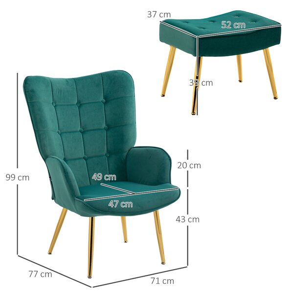 HOMCOM Upholstered Armchair w/ Footstool Set, Modern Button Tufted Accent Chair w/ Gold Tone Steel Legs, Wingback Chair, Dark Green