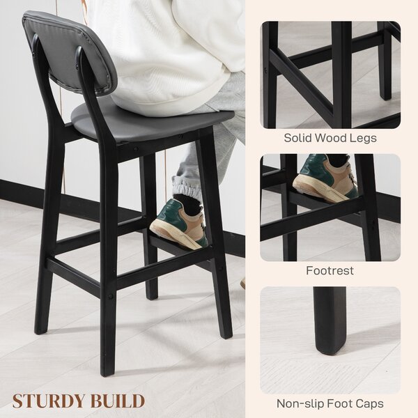 HOMCOM Bar Stools Set of 2, Modern Breakfast Bar Chairs, Faux Leather Upholstered Counter Bar Stools with Backs and Wood Legs, Dark Grey Aosom UK