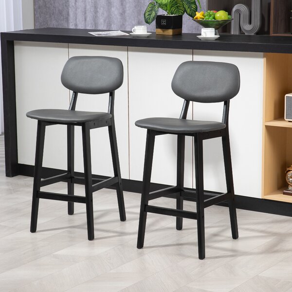 HOMCOM Bar Stools Set of 2, Modern Breakfast Bar Chairs, Faux Leather Upholstered Counter Bar Stools with Backs and Wood Legs, Dark Grey Aosom UK