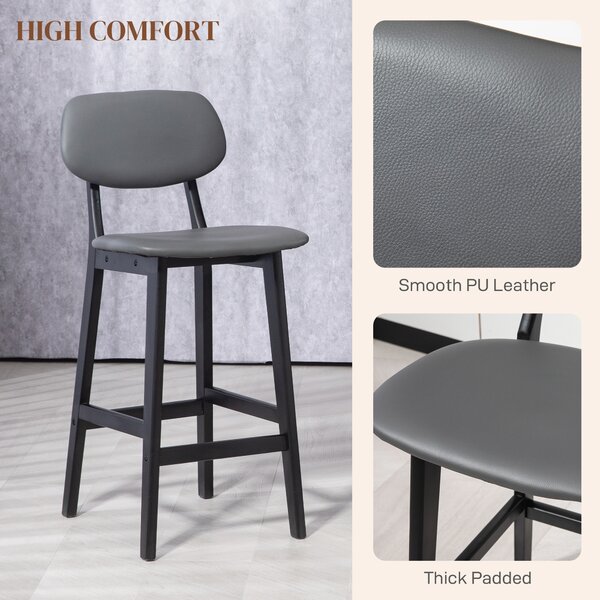 HOMCOM Bar Stools Set of 2, Modern Breakfast Bar Chairs, Faux Leather Upholstered Counter Bar Stools with Backs and Wood Legs, Dark Grey Aosom UK